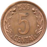 () Монета Литва 1936 год 5  ""   Алюминиево-Никелево-Бронзовый сплав (Al-Ni-Br)  UNC